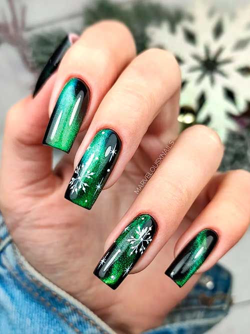 Long Square Shaped Black Magnetic Emerald Nails with Snowflakes for Winter 2023