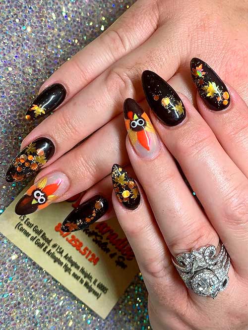 Black Thanksgiving Nails with Maple Leaves Black Thanksgiving Nails with Maple Leaves