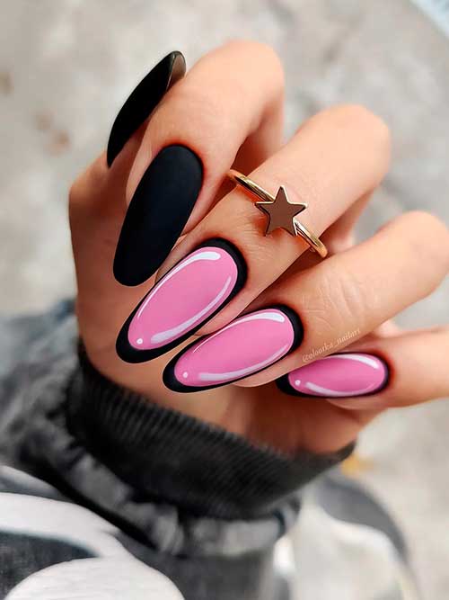 Long Almond Shaped Matte Black and Pink Comic Nails Design