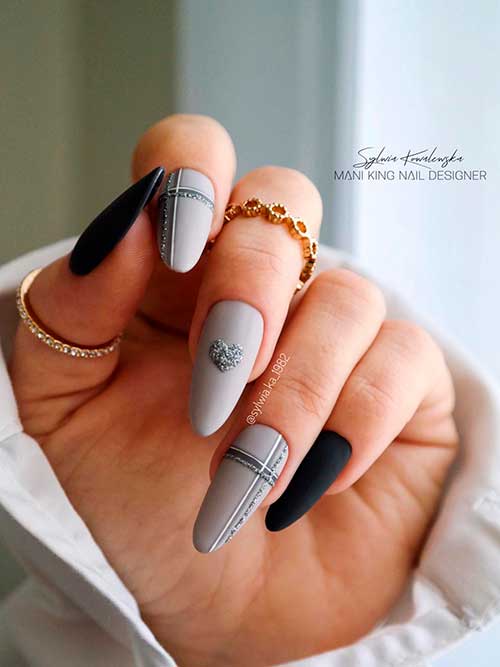 Black with Light Grey Plaid Nails