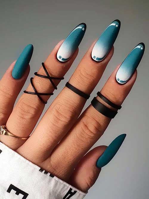 Long Almond Shaped Matte Blue Teal Cartoon Nails 2022 Design with Two Solid Teal Accent Nails