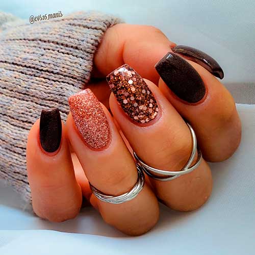 Medium Coffin Brown Thanksgiving Nails with Glitter