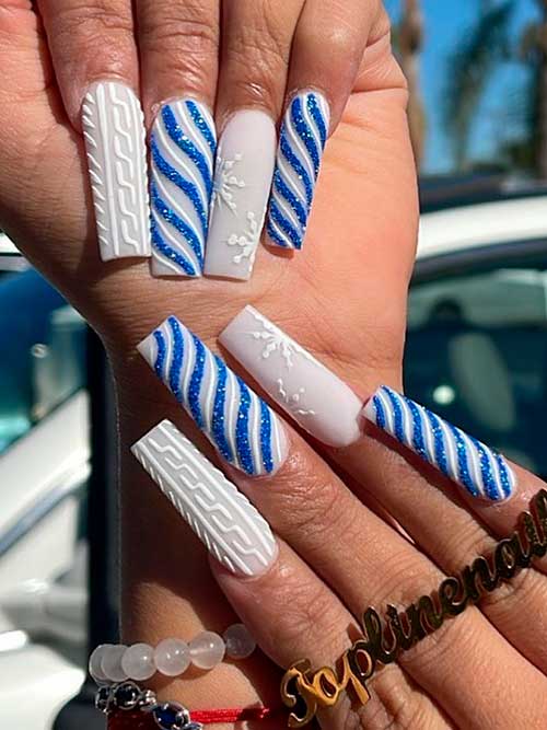 Candy Cane Blue White Christmas Nails Long Candy Cane Blue White Christmas Nails with Snowflakes and Sweater Accent Nails