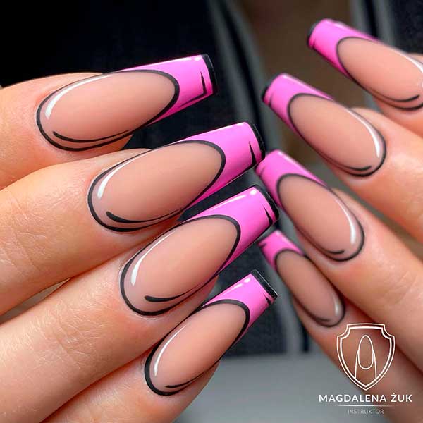 Long Coffin-Shaped Pink French Pop Nails
