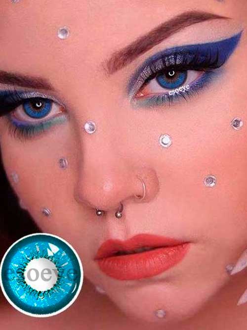 Christmas Green and Blue Eyeshadow Look with Rhinestones and Red Lips