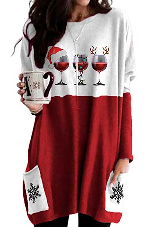 Christmas Shirt Dress with Pockets MORCHOY Womens Shirt with Pocket, Casual Gift Tunic Tops, Color Block Long Sleeve T-Shirt Dress for Women