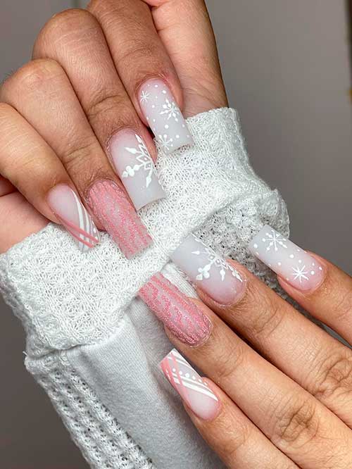 Long square Shaped Christmas White Acrylic Nails with Snowflakes and Sweater Nail Art with Sugar Effect
