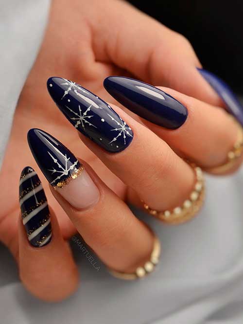 Long Almond Shaped Classy Navy Blue Winter Nails 2023 with Snowflakes and Candy Cane Accent Nail