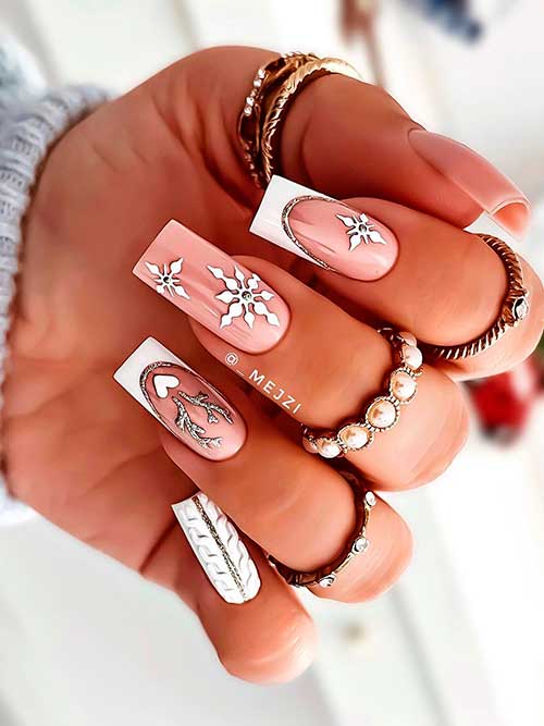 Classy White Christmas Nails Classy Square Nude and White Christmas Nails with Snowflakes, Reindeer Horns, and Plaid Accent Nails