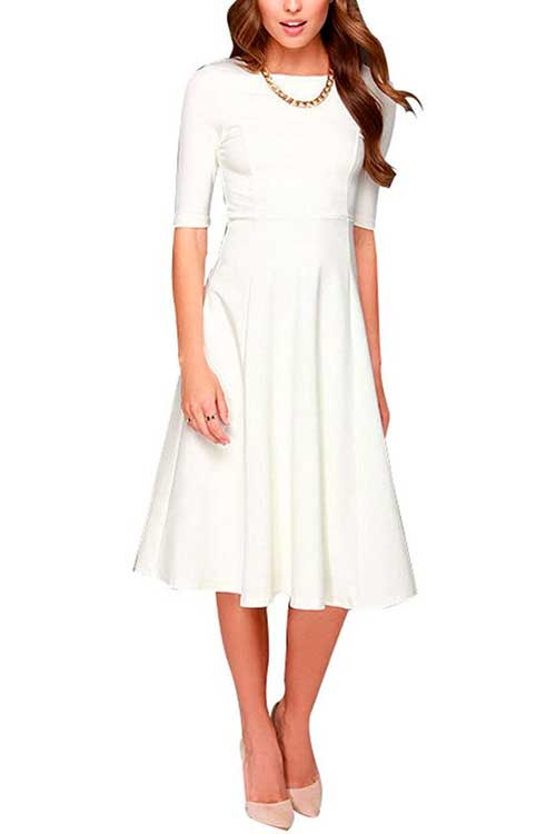 Dantiya - Half Sleeve Elegant Back Zipper A-Line Knee Long White Work Dress