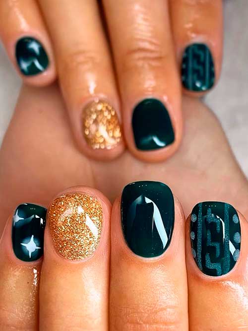 Dark Green Nails with Gold Glitter, Stars, and Sweater Nail Style - Classy Winter Nails