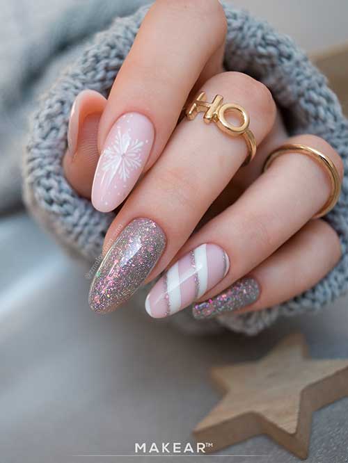 Delicate Winter Nails Medium Round Shaped Nude Winter Nails with Snowflake, Candy Cane, and Glitter Accent Nails