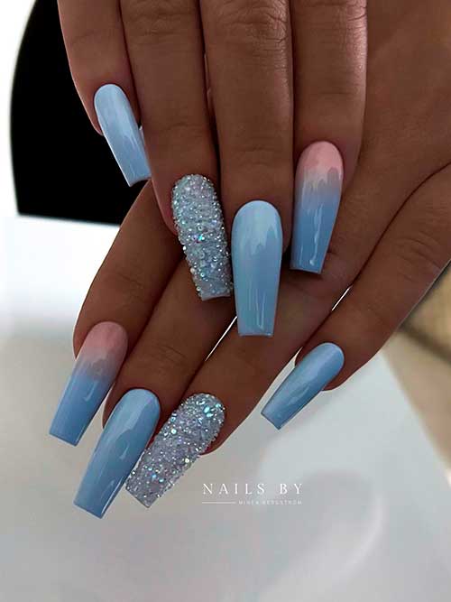Long Coffin Shaped Dusty Light Blue Winter Nails with Sugar Glitter and Ombre Accent Nails