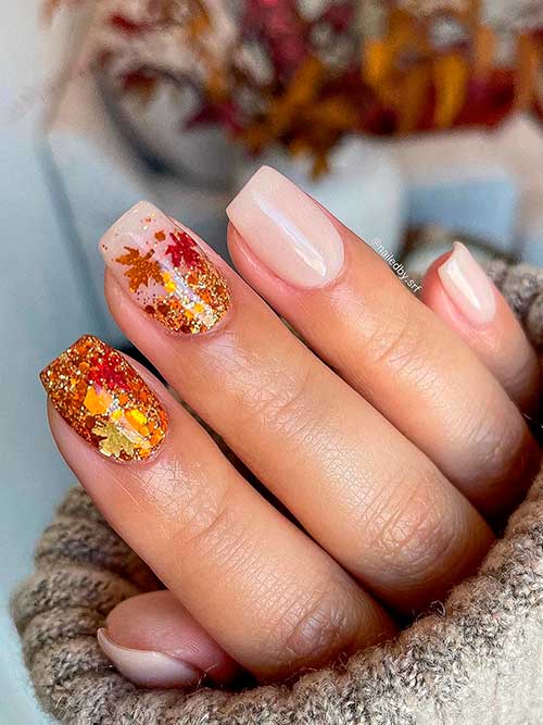 Short Square Nude Pink Thanksgiving Nail Design with Glitter and Maple Leaf Nail Art