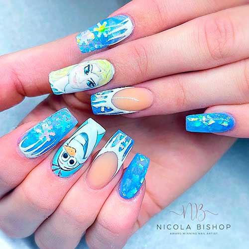 Frozen Elsa and Olaf Disney Christmas Nails with Snowflake Glitter