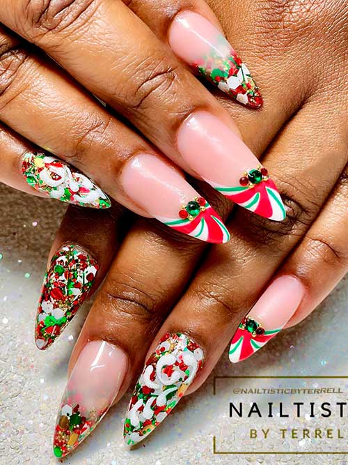 Long Almond Shaped Red and Green Glitter Christmas Acrylic Nails with Rhinestones and Candy Cane Accent Nails