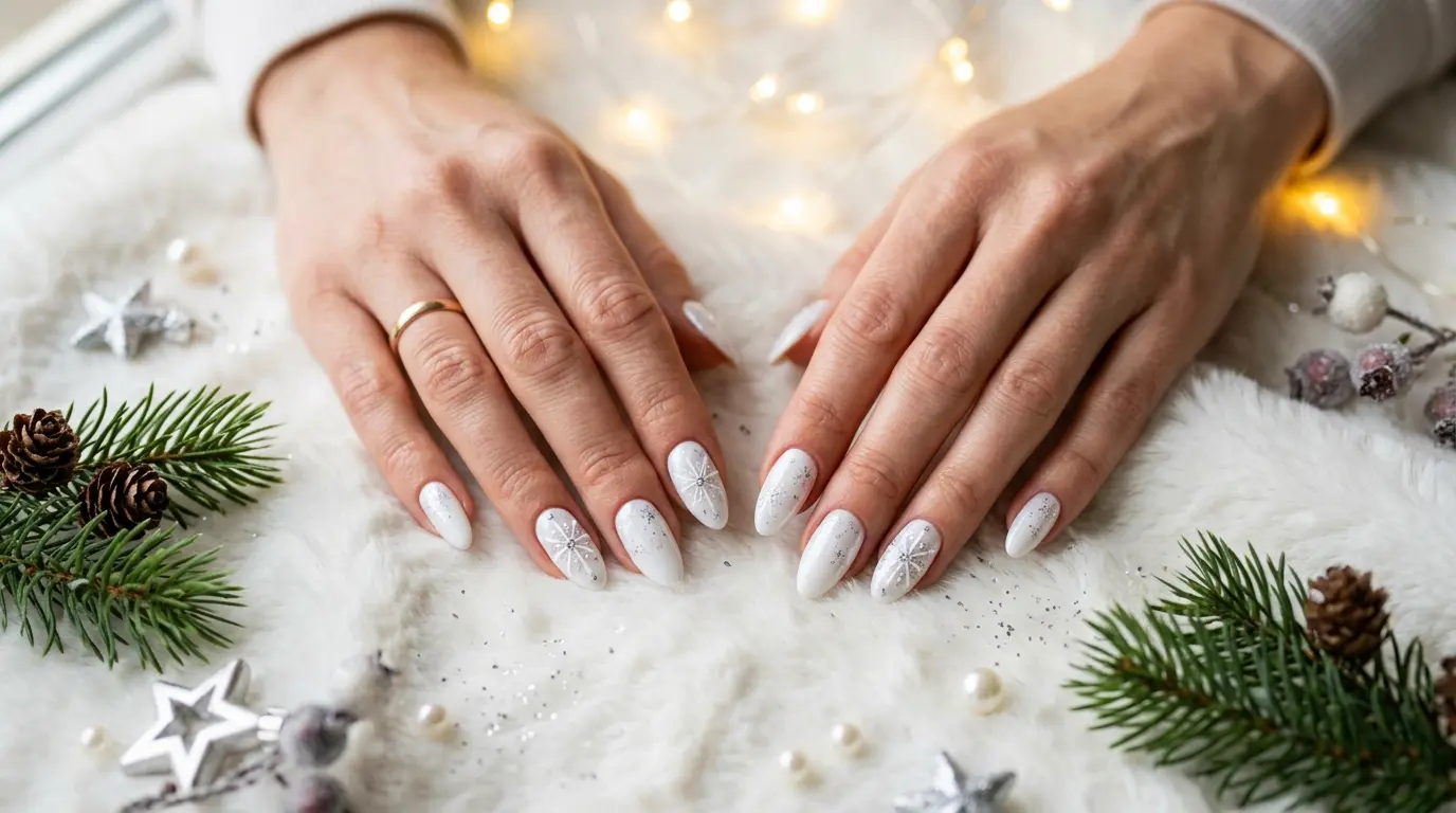Flat lay of elegant female hands with white winter Christmas nails featuring hand-painted snowflakes and silver glitter on soft white faux fur.