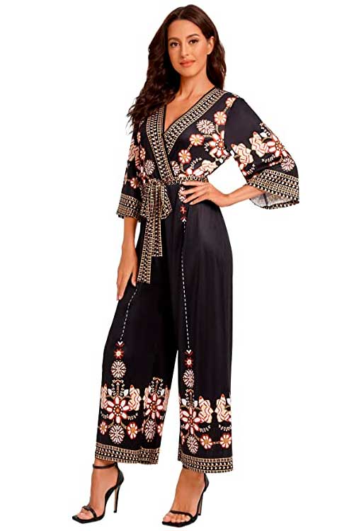 Floral jumpsuit womens - Verdusa Women's Floral High Waist Belted Wrap Wide Leg Jumpsuit Culotte