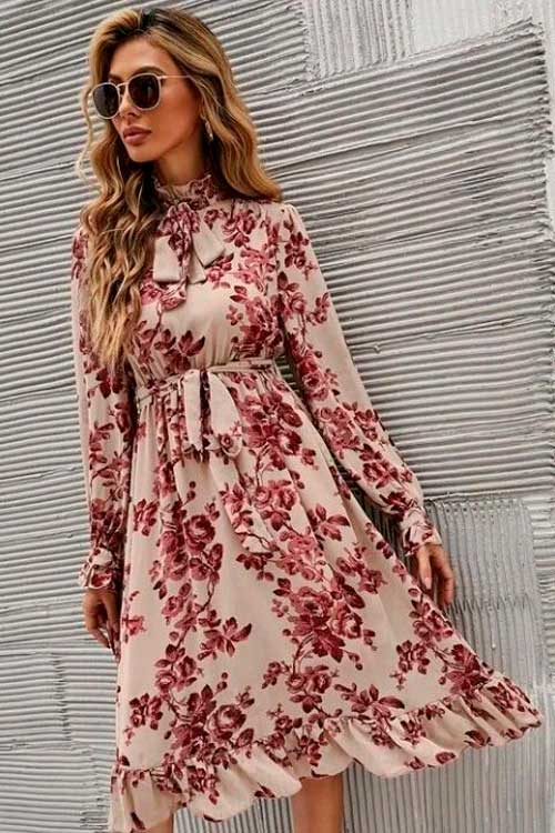 Floral Print Tie Neck Ruffle Hem Dress for Work Stylish Floral Print Tie Neck Ruffle Hem Dress for Work