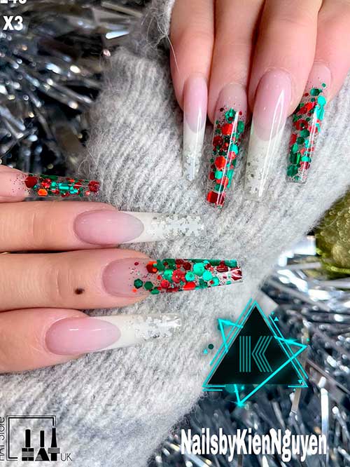 Long Coffin French White Christmas Nails with Festive Red and Green Glitter
