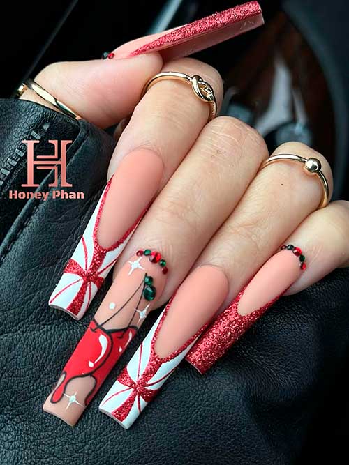 French red Christmas nails Long glitter French red Christmas nails with Christmas present and Cherries accent nails