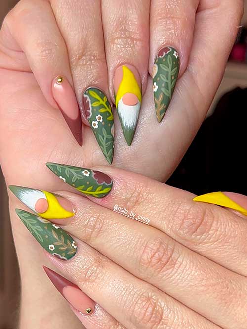 Garden Gnome Thanksgiving Nails Long Stiletto Matte Garden Gnome Thanksgiving Nails with Leaf Nail Art and French Tip Accent Nails
