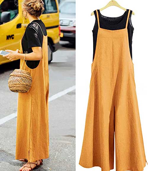 Ginger YESNO Women Casual Loose Long Bib Pants Wide Leg Jumpsuits Baggy Cotton