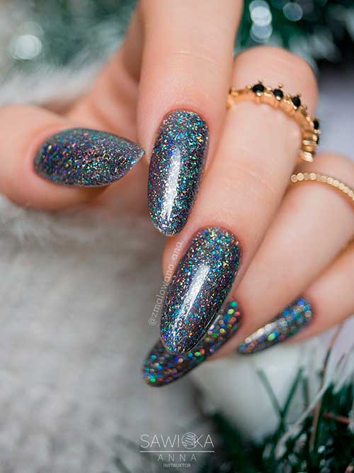 Long Round Shaped Black Winter Nails with Euphoria Glitter