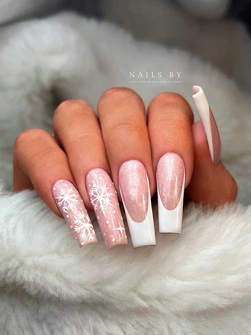 Long Coffin Glitter White French Nails with Snowflake on two Nude Accent Nails are Perfect Classy Winter Nails for 2023