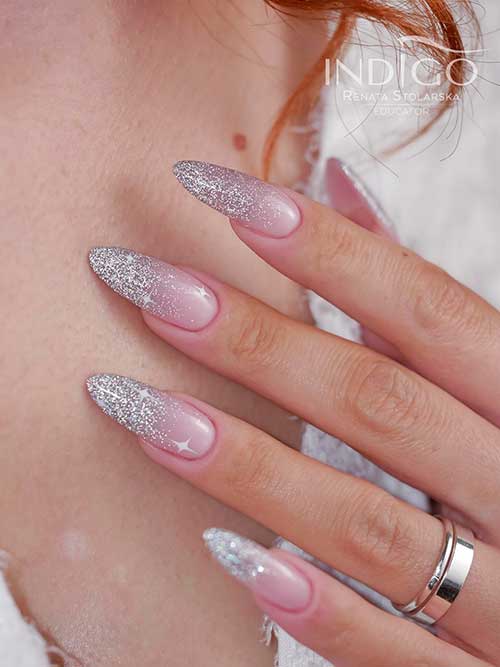 Long Almond Shaped Silver Glitter Winter Ombre Nails with Little White Stars