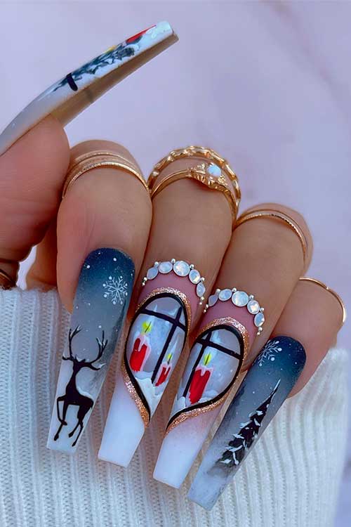 Long Coffin Gray Christmas Nail Design with Snowflakes, Reindeer, and Night Candles, is one of the Cutest Christmas Nail Ideas