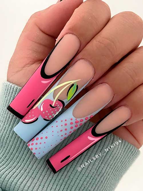 Long French Pop Art Nails Matte Long French Pink and Light Blue Pop Art Nails with Fruit Nail Art on an Accent Nail