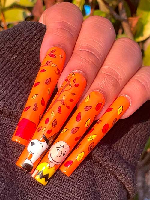 Long Orange Thanksgiving Nails with Fallen Leaves