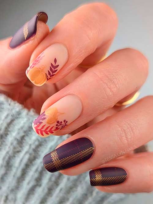 Matte Brown Plaid Thanksgiving Nails with Leaf Nail Art and Pumpkins on Two Accent Nails