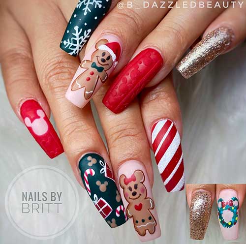 Mickey and Minnie Disney Christmas Nails with Red and Green Christmas Nail Accents and Gold Glitter Accent Nail