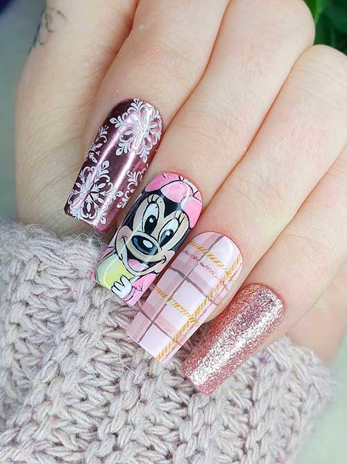 Long Square Minnie Mouse Pink Christmas Nails with Snowflaes, Glitter, and Plaid Accent Nails
