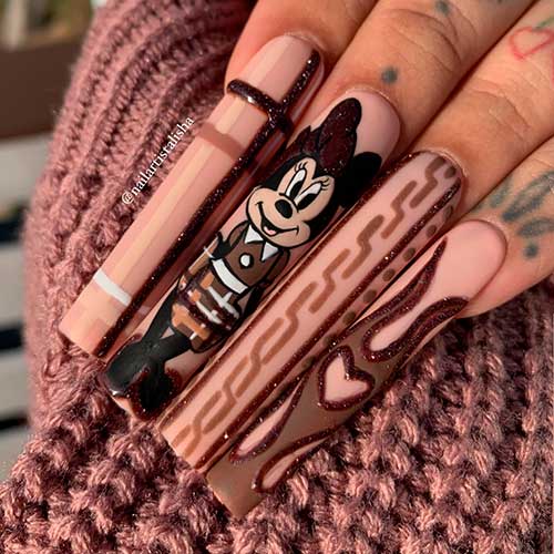 Minnie Mouse Thanksgiving Nails Long Square Shaped Minnie Mouse Thanksgiving Nails with Brown Plaid and Flame Nail Art