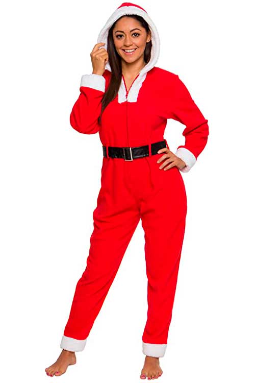 Mrs. Claus Jumpsuit - Women's Slim Fit Mrs. Claus One Piece - Plush Christmas Costume Jumpsuit by Silver Lilly