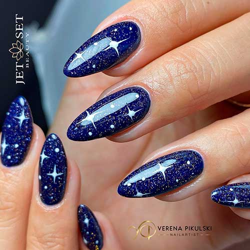 Long Almond Shaped Navy Blue Winter Nails with Glitter, White Dots, and White Stars