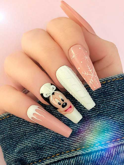 Long Coffin Nude Base Color Disney Christmas Nails with Snowflakes, Plaid, and Mickey Mouse Accent Nails
