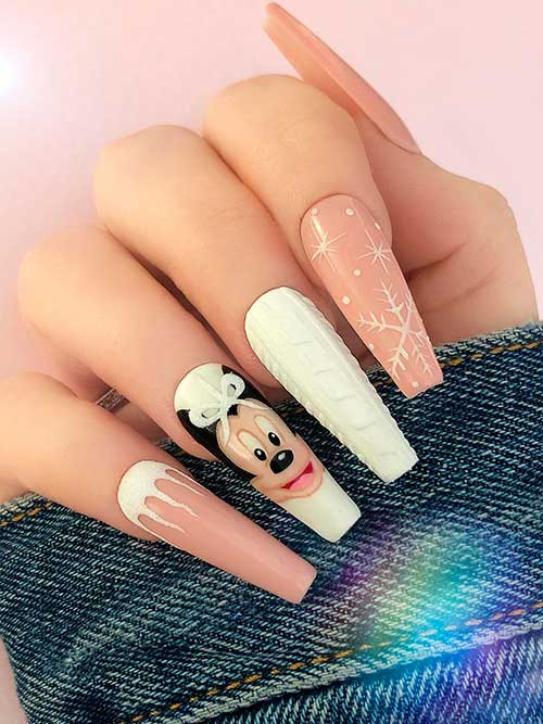 Nude Base Color Disney Christmas Nails Long Coffin Nude Base Color Disney Christmas Nails with Snowflakes, Plaid, and Mickey Mouse Accent Nails