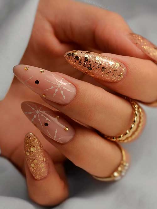 Nude Winter Nails with Snowflakes and Gold Glitter