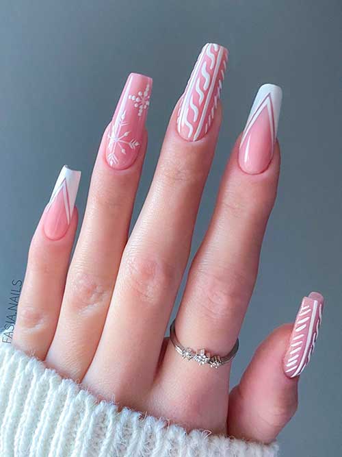 Long Coffin Nude and White Christmas Nails Feature Sweater, Snowflakes, and French Nail Art on Nude Base Color
