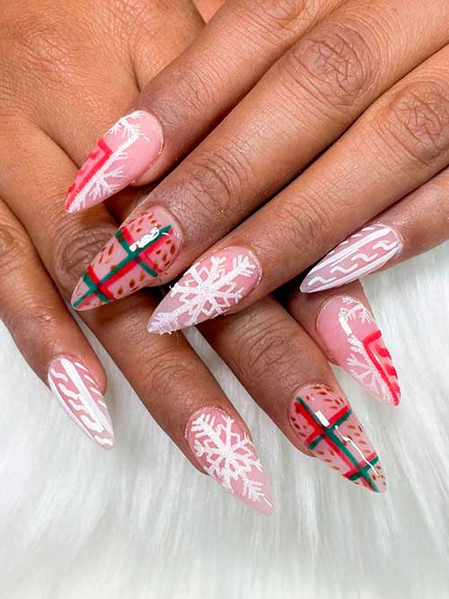 Almond Shape Pink Christmas Acrylic Nails with White Snowflakes, Plaid, and Sweater Accent Nails
