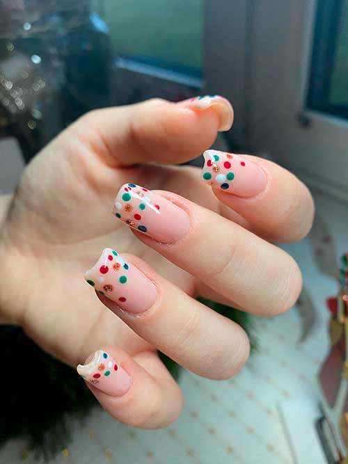Medium Square Shaped red, green, white, and brown Polka Dot Simple Christmas Nails over Nude Pink Base Color