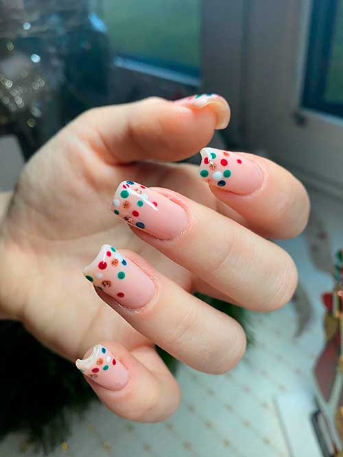 Polka Dot Christmas Nails Medium Square Shaped red, green, white, and brown Polka Dot Simple Christmas Nails over Nude Pink Base Color