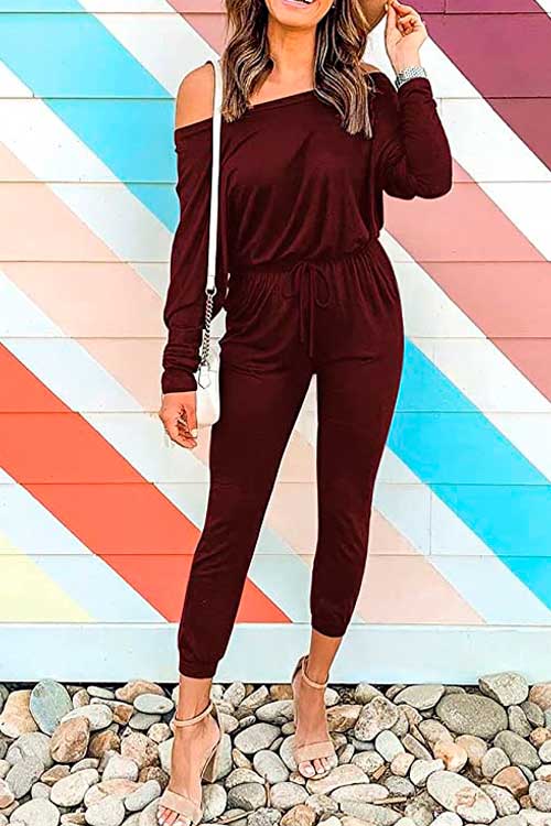 Red ANRABESS Women's Casual Off Shoulder Stretchy Jumpsuit Red ANRABESS Women's Casual Off Shoulder Stretchy Jumpsuit