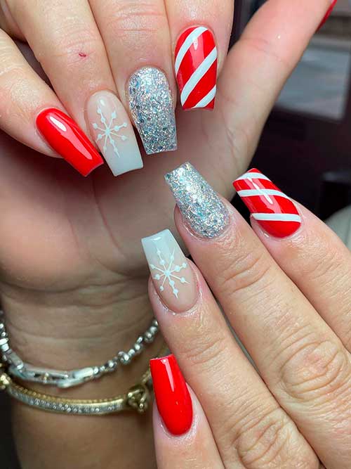 Red Coffin Christmas Acrylic Nails with Candy Cane, Snowflake, and Silver Glitter Accent Nails