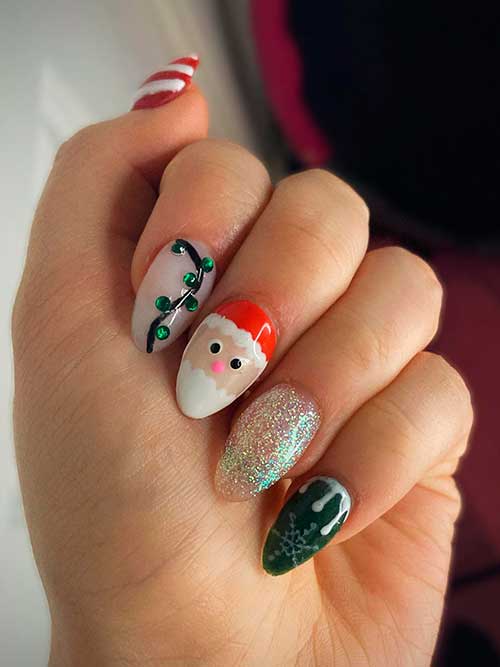 Almond Shape Red and Green Christmas Acrylic Nails with Glitter, Rhinestones, Candy Cane, and Santa into Accent Nails