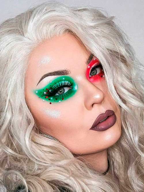 Red and Green Christmas Makeup look with Rhinestones and Dark Nude Lips
